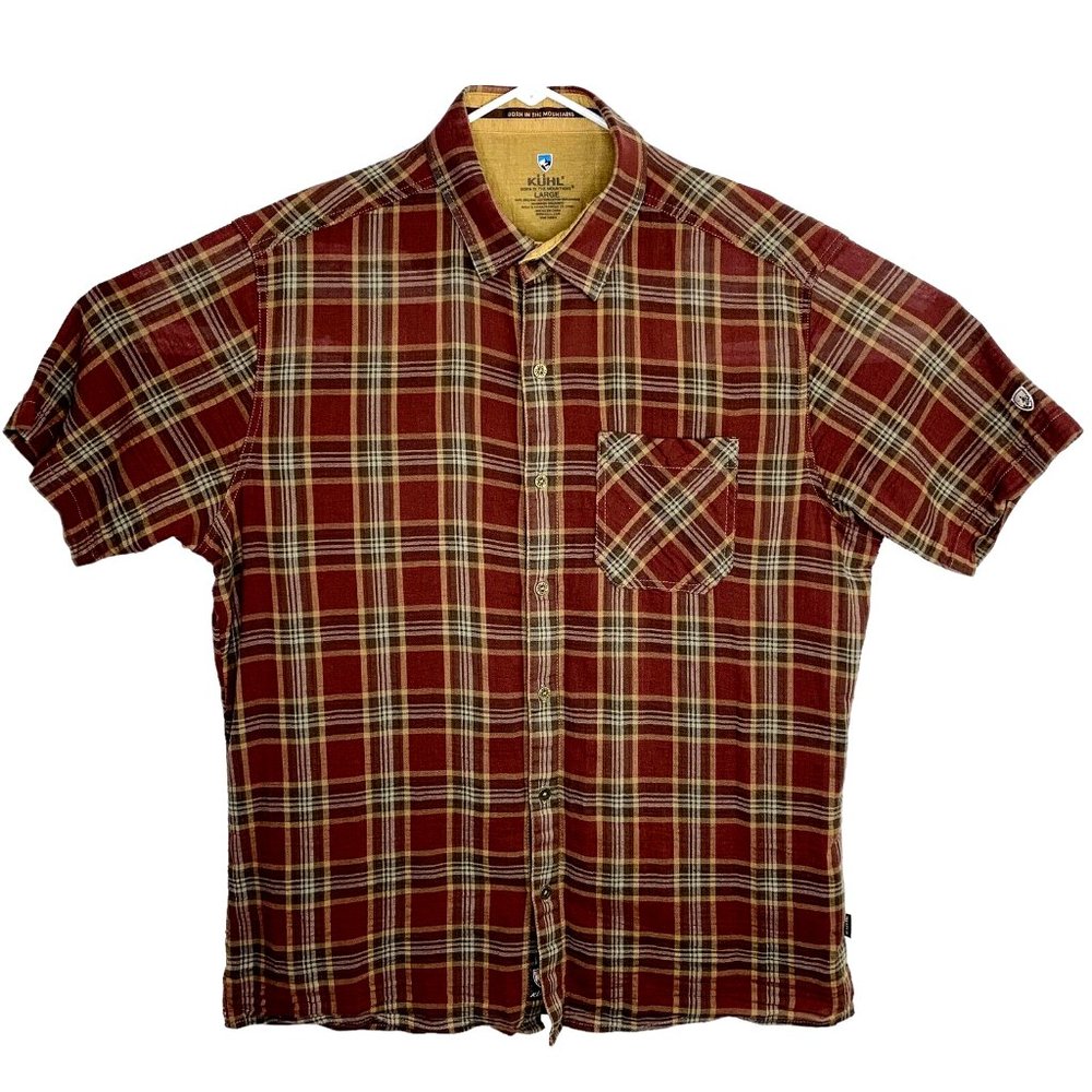 Kuhl Mens 100% Organic Cotton Short Sleeve Hiking Camping Shirt Brown Plaid